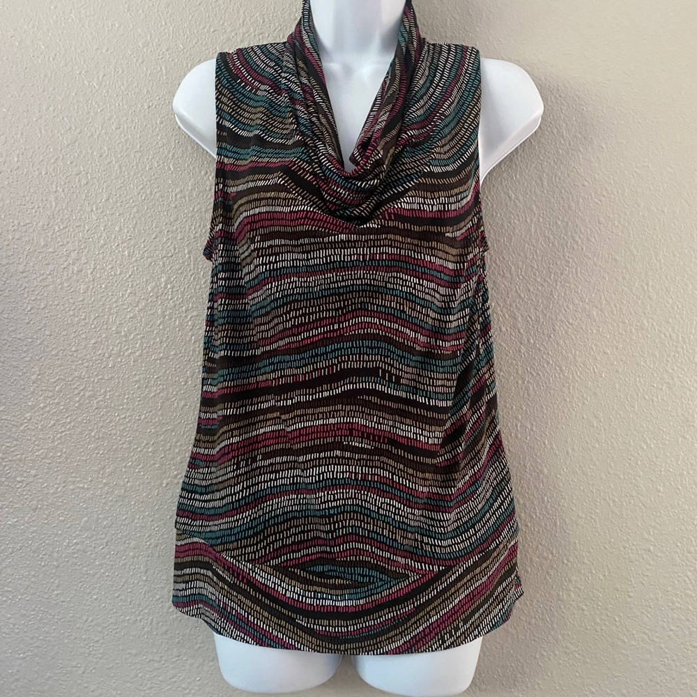 Y2K Boho Top Small Artsy Bohemian Summer Casual Stretchy Cowl Neck Colorful